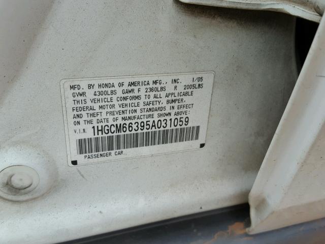 1HGCM66395A031059 - 2005 HONDA ACCORD LX WHITE photo 10