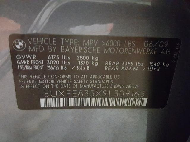 5UXFE835X9L309163 - 2009 BMW X5 XDRIVE4 GRAY photo 10