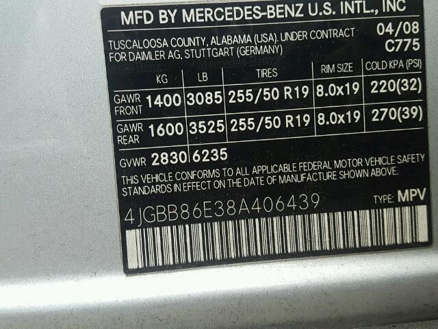 4JGBB86E38A406439 - 2008 MERCEDES-BENZ ML 350 SILVER photo 10