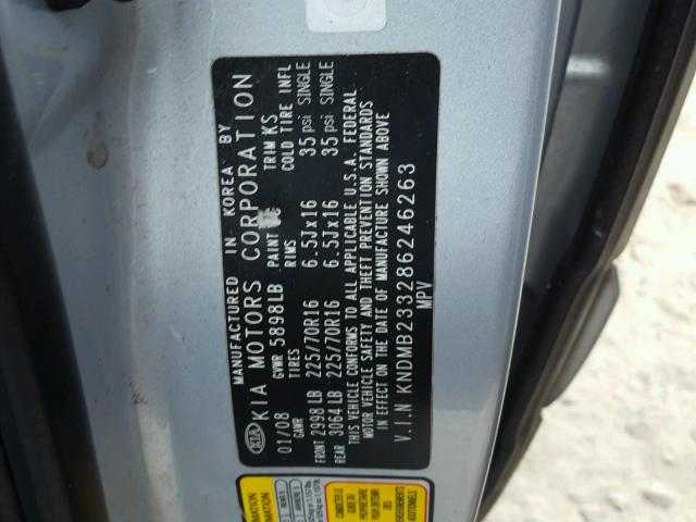 KNDMB233286246263 - 2008 KIA SEDONA EX SILVER photo 10