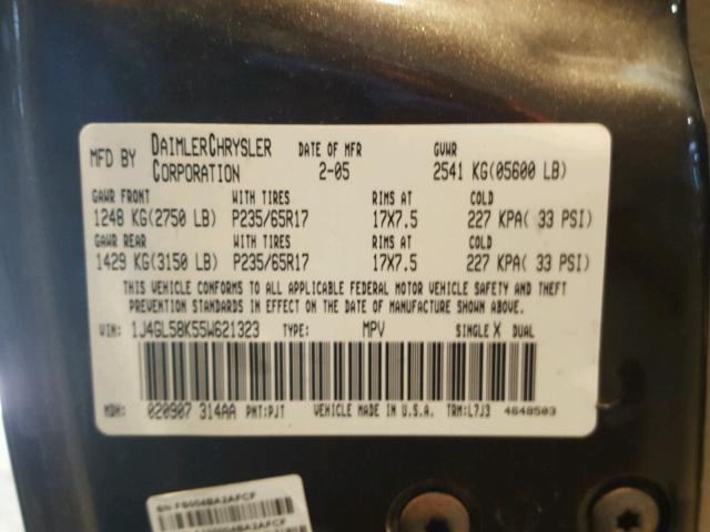 1J4GL58K55W621323 - 2005 JEEP LIBERTY LI GRAY photo 10