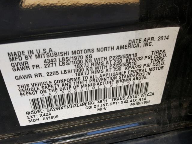 4A4AR3AU0EE027585 - 2014 MITSUBISHI OUTLANDER BLACK photo 10