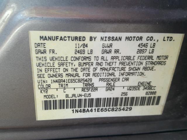 1N4BA41E65C825429 - 2005 NISSAN MAXIMA SE SILVER photo 10