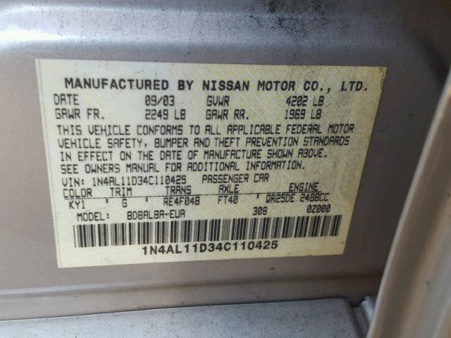 1N4AL11D34C110425 - 2004 NISSAN ALTIMA BAS SILVER photo 10