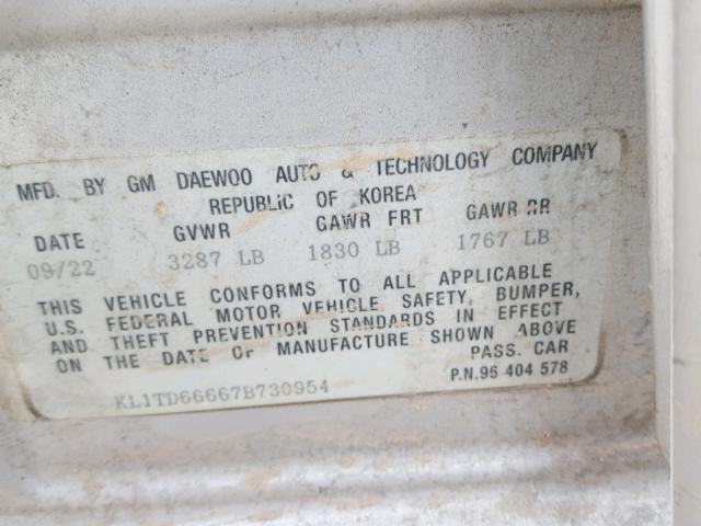 KL1TD66667B730954 - 2007 CHEVROLET AVEO BASE Күміс фото 10