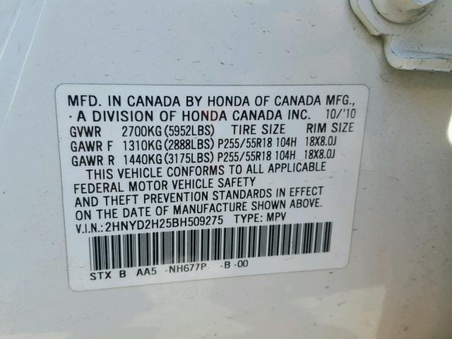 2HNYD2H25BH509275 - 2011 ACURA MDX WHITE photo 10