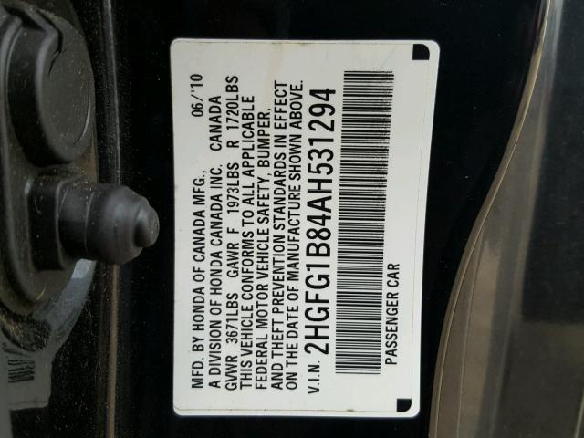 2HGFG1B84AH531294 - 2010 HONDA CIVIC EX BLACK photo 10