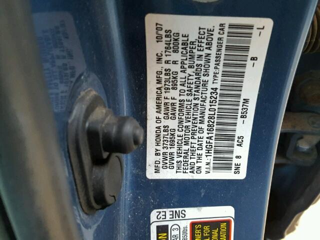 1HGFA16828L015234 - 2008 HONDA CIVIC EX 蓝色 照片 10