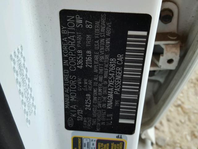 KNAGM4A7XE5476818 - 2014 KIA OPTIMA LX WHITE photo 10