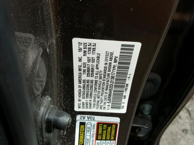 5J6RM4H53DL013617 - 2013 HONDA CR-V EX ნაცრისფერი ფოტო 10