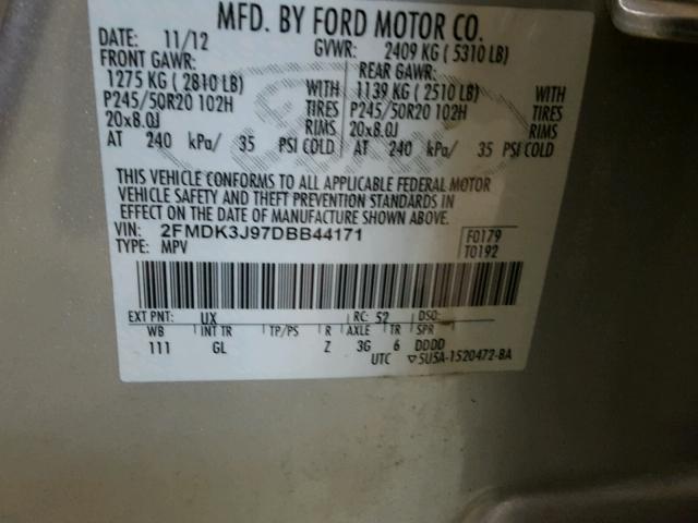 2FMDK3J97DBB44171 - 2013 FORD EDGE SEL SILVER photo 10