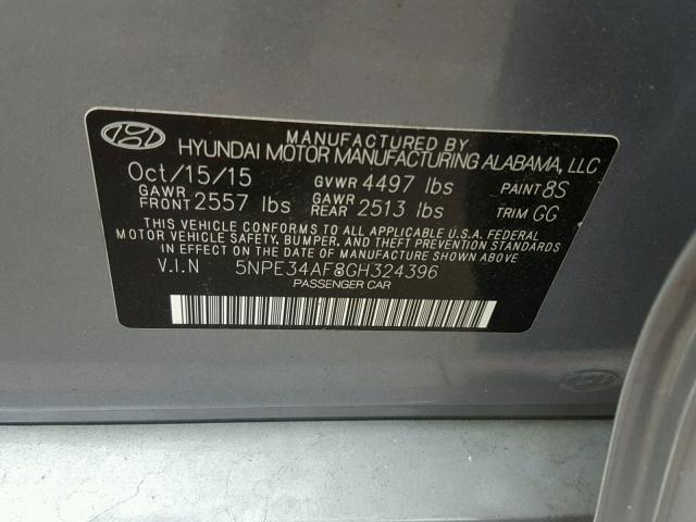 5NPE34AF8GH324396 - 2016 HYUNDAI SONATA SPO SILVER photo 10