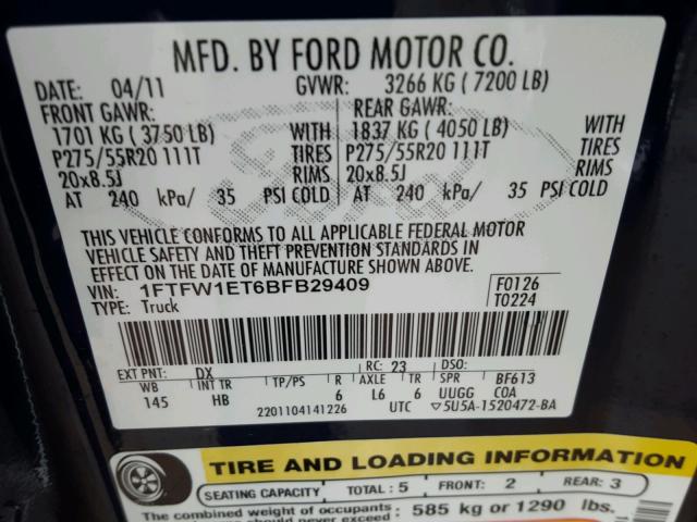 1FTFW1ET6BFB29409 - 2011 FORD F150 SUPER BLUE photo 10