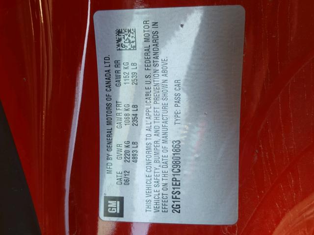 2G1FS1EP1C9801863 - 2012 CHEVROLET CAMARO ZL1 红色 照片 10