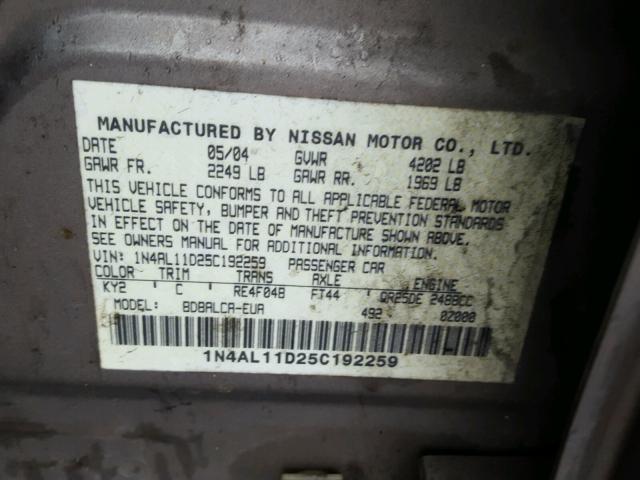 1N4AL11D25C192259 - 2005 NISSAN ALTIMA S TAN photo 10