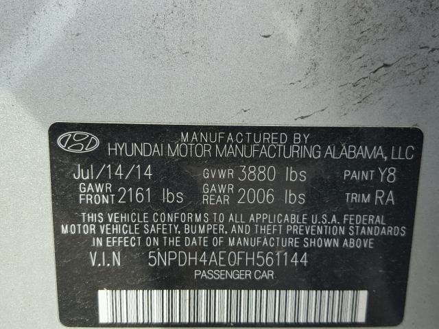 5NPDH4AE0FH561144 - 2015 HYUNDAI ELANTRA SE SILVER photo 10