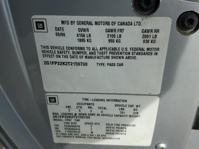 2G1FP22K2T2159730 - 1996 CHEVROLET CAMARO BAS ნაცრისფერი ფოტო 10