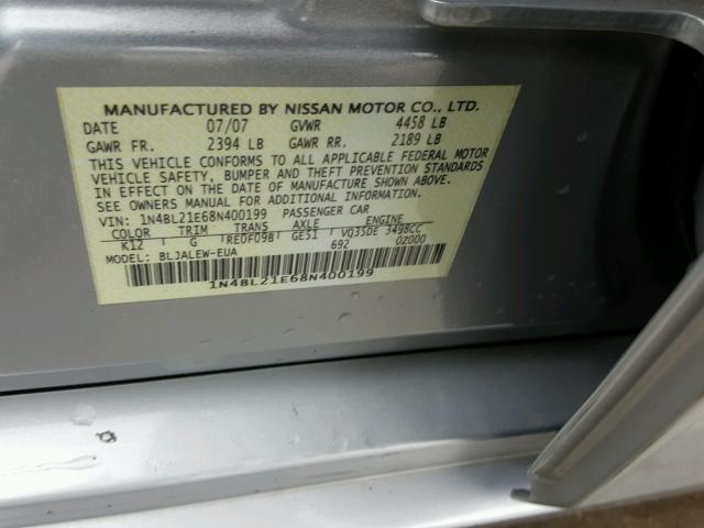 1N4BL21E68N400199 - 2008 NISSAN ALTIMA 3.5 SILVER photo 10