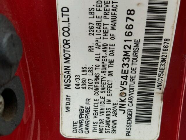 JNKCV54E33M216678 - 2003 INFINITI G35 RED photo 10