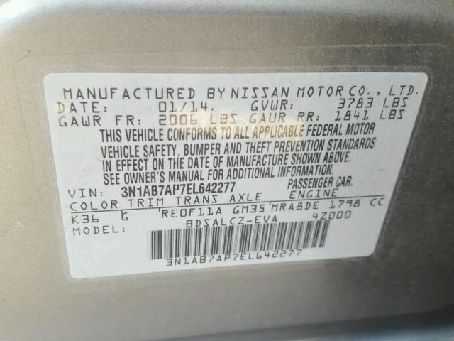 3N1AB7AP7EL642277 - 2014 NISSAN SENTRA S SILVER photo 10