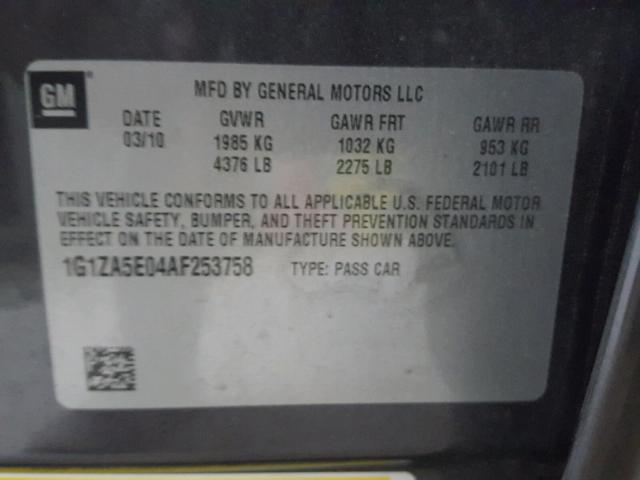 1G1ZA5E04AF253758 - 2010 CHEVROLET MALIBU LS CHARCOAL photo 10