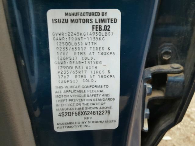 4S2DF58X624612279 - 2002 ISUZU AXIOM XS Mavi foto 10