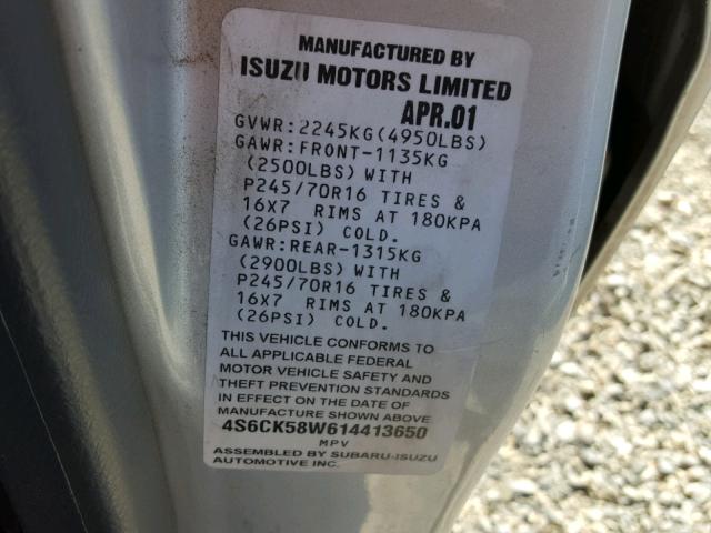 4S6CK58W614413650 - 2001 HONDA PASSPORT E SILVER photo 10