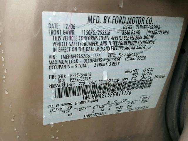 1MEHM42157G611176 - 2007 MERCURY MONTEGO PR 金色 照片 10