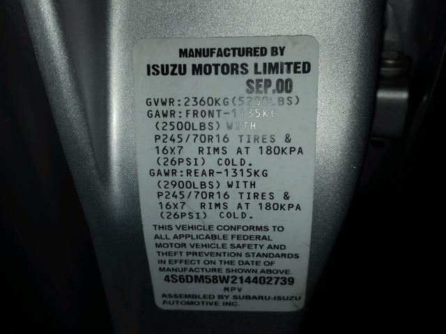 4S6DM58W214402739 - 2001 HONDA PASSPORT E SILVER photo 10