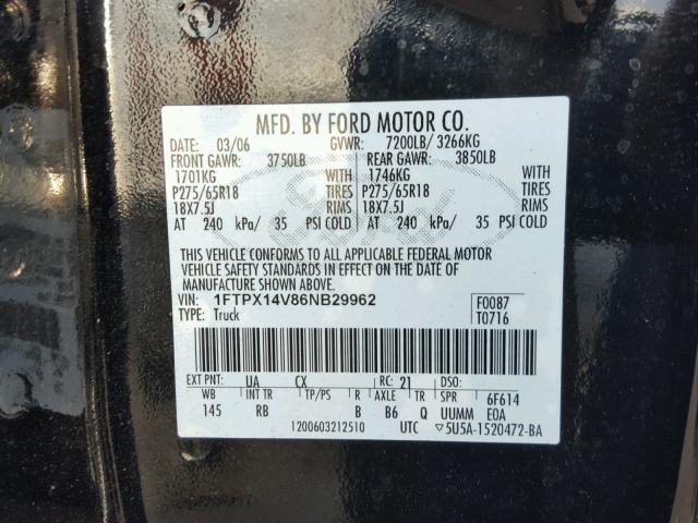 1FTPX14V86NB29962 - 2006 FORD F150 BLACK photo 10