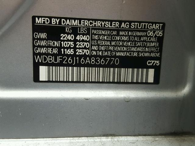 WDBUF26J16A836770 - 2006 MERCEDES-BENZ E 320 CDI SILVER photo 10