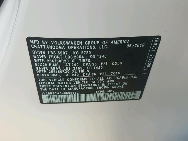 1V2RR2CA0JC582662 - 2018 VOLKSWAGEN ATLAS SEL Ağ foto 10