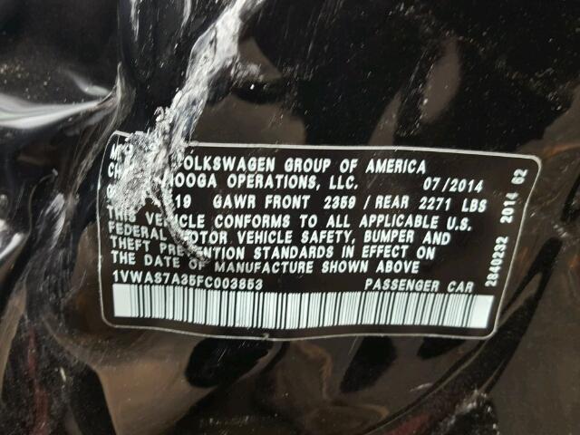 1VWAS7A35FC003853 - 2015 VOLKSWAGEN PASSAT S Schwarz Foto 10