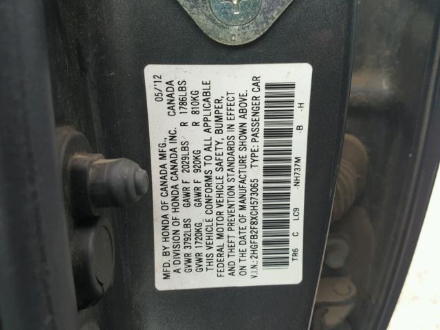 2HGFB2F8XCH573065 - 2012 HONDA CIVIC EX GRAY photo 10