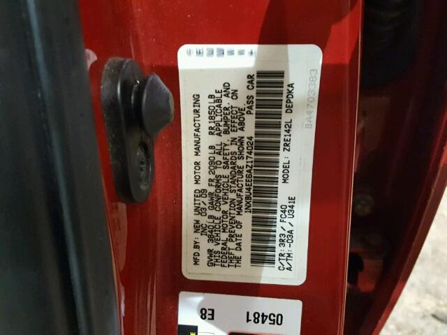 1NXBU4EE6AZ174024 - 2010 TOYOTA COROLLA BA RED photo 10