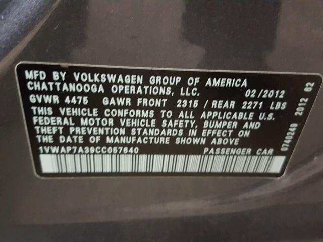 1VWAP7A39CC057640 - 2012 VOLKSWAGEN PASSAT S CHARCOAL photo 10