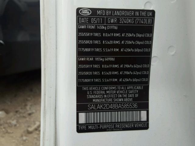 SALAK2D48BA585536 - 2011 LAND ROVER LR4 HSE LU WHITE photo 10