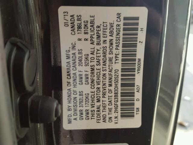 2HGFG3B83DH505270 - 2013 HONDA CIVIC EX BLACK photo 10