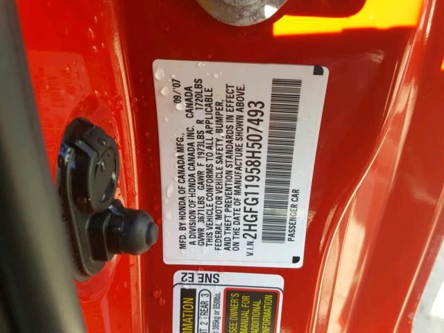 2HGFG11958H507493 - 2008 HONDA CIVIC EXL 红色 照片 10