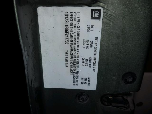 1G1ZS51F86F247735 - 2006 CHEVROLET MALIBU LS 绿色 照片 10