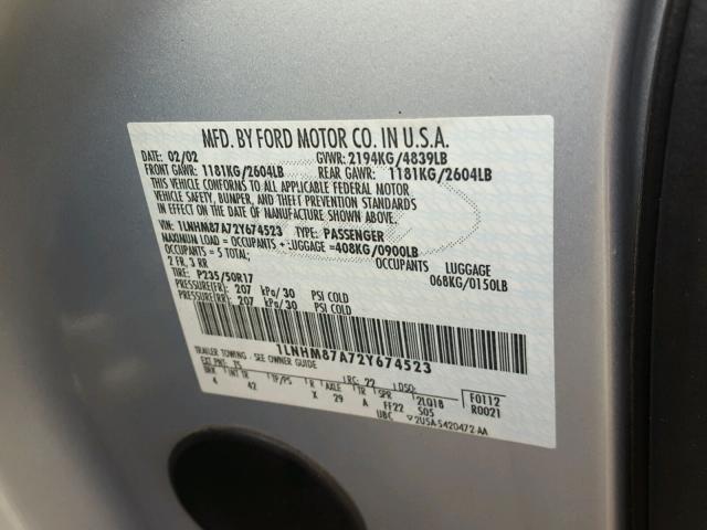 1LNHM87A72Y674523 - 2002 LINCOLN LS SILVER photo 10