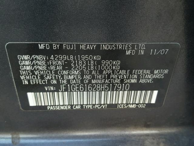 JF1GE61628H517910 - 2008 SUBARU IMPREZA 2. GRAY photo 10