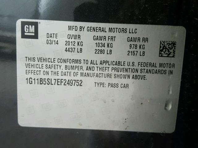 1G11B5SL7EF249752 - 2014 CHEVROLET MALIBU LS შავი ფოტო 10