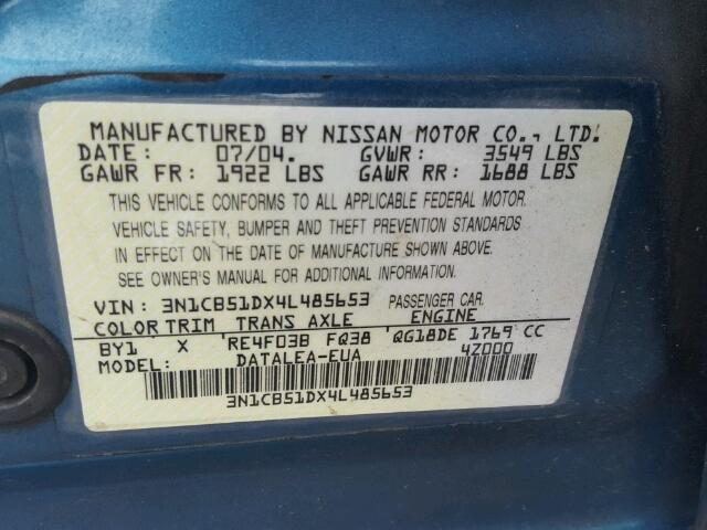 3N1CB51DX4L485653 - 2004 NISSAN SENTRA 1.8 TEAL photo 10