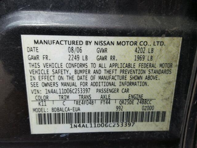 1N4AL11D06C253397 - 2006 NISSAN ALTIMA S GRAY photo 10