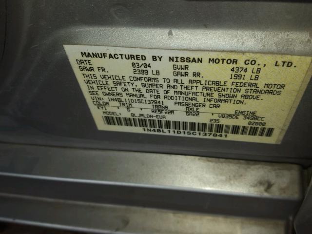 1N4BL11D15C137841 - 2005 NISSAN ALTIMA SE SILVER photo 10