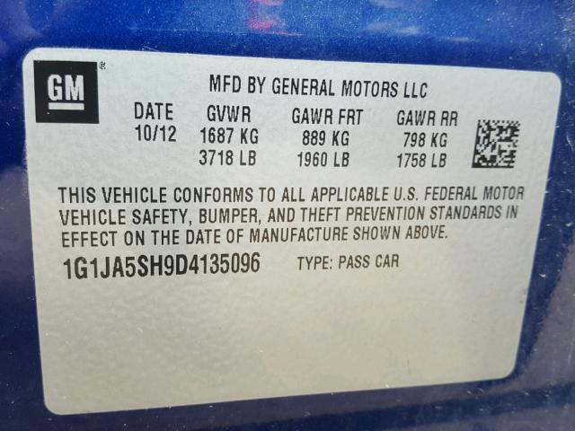 1G1JA5SH9D4135096 - 2013 CHEVROLET SONIC LS BLUE photo 10
