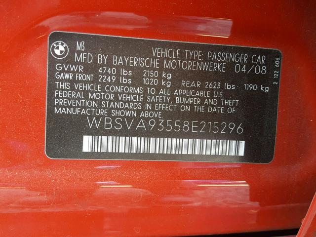 WBSVA93558E215296 - 2008 BMW M3 RED photo 10