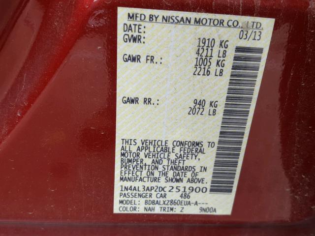 1N4AL3AP2DC251900 - 2013 NISSAN ALTIMA 2.5 MAROON photo 10