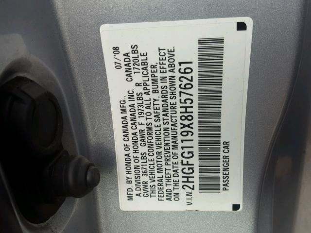 2HGFG119X8H576261 - 2008 HONDA CIVIC EXL 银色 照片 10